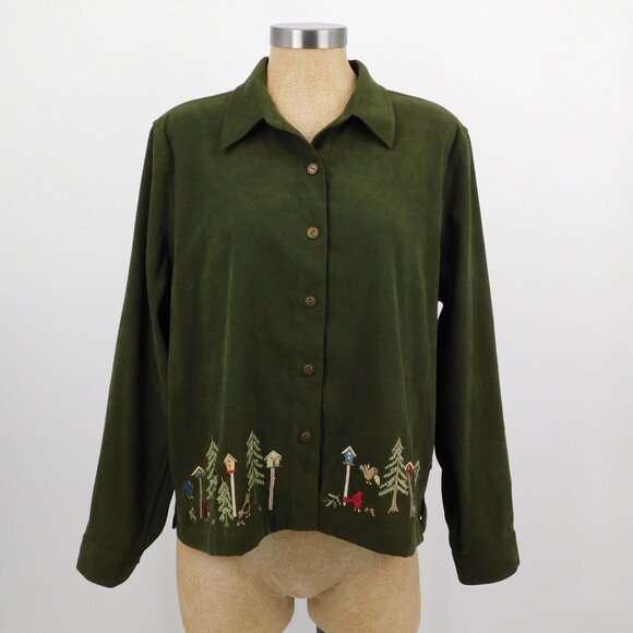 Christopher and Banks Tops - Christopher And Banks Women PXL Green Button Up Stretch Shirt Bird House Tree